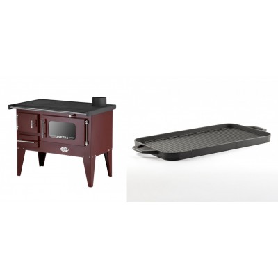 Set Küchenofen / Küchenhexe mit Backofen und Kochplatte Zvezda, Modell Narodna E Braun, Beine, Leistung 6.1 kW + Große Grillplatte aus Gusseisen Solagio, 25x44cm - Kaminofen - Holzofen mit Backfach
