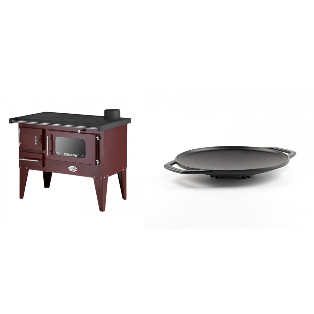 Set Küchenofen / Küchenhexe mit Backofen und Kochplatte Zvezda, Modell Narodna E Braun, Beine, Leistung 6.1 kW + Backplatte aus Gusseisen Solagio, Ф28cm | Kaminofen - Holzofen mit Backfach | Kaminofen |