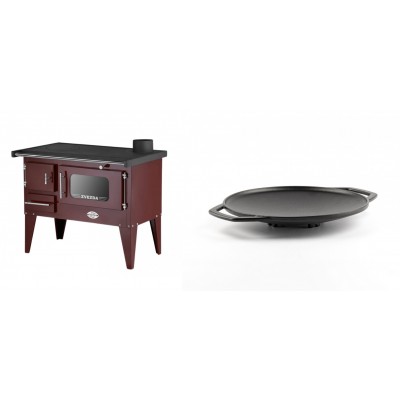 Set Küchenofen / Küchenhexe mit Backofen und Kochplatte Zvezda, Modell Narodna E Braun, Beine, Leistung 6.1 kW + Backplatte aus Gusseisen Solagio, Ф28cm - Kaminofen - Holzofen mit Backfach