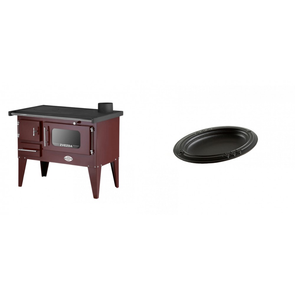 Set Küchenofen / Küchenhexe mit Backofen und Kochplatte Zvezda, Modell Narodna E Braun, Beine, Leistung 6.1 kW + Gusseiserne auflaufform Solagio oval, 17x28cm | Kaminofen - Holzofen mit Backfach | Kaminofen |