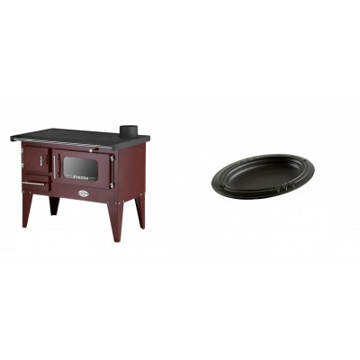 Set Küchenofen / Küchenhexe mit Backofen und Kochplatte Zvezda, Modell Narodna E Braun, Beine, Leistung 6.1 kW + Gusseiserne auflaufform Solagio oval, 17x28cm - Kaminofen - Holzofen mit Backfach