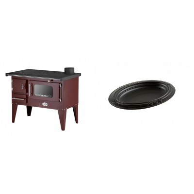 Set Küchenofen / Küchenhexe mit Backofen und Kochplatte Zvezda, Modell Narodna E Braun, Beine, Leistung 6.1 kW + Gusseiserne auflaufform Solagio oval, 25x33cm - Kaminofen - Holzofen mit Backfach