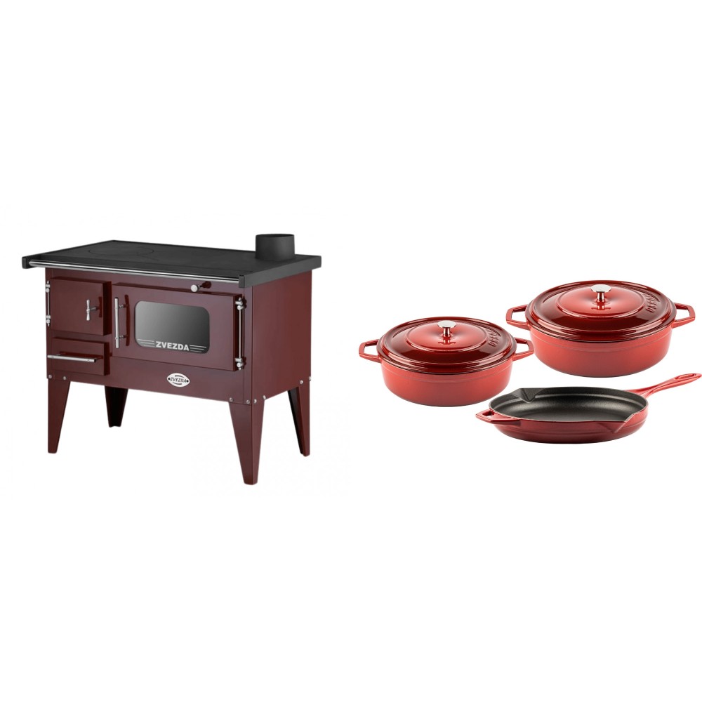 Set Küchenofen / Küchenhexe mit Backofen und Kochplatte Zvezda, Modell Narodna E Braun, Beine, Leistung 6.1 kW + Gusseisen Topf Set aus 3 teilen Solagio, Rubin | Kaminofen - Holzofen mit Backfach | Kaminofen |