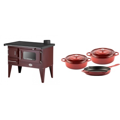 Set Küchenofen / Küchenhexe mit Backofen und Kochplatte Zvezda, Modell Narodna E Braun, Beine, Leistung 6.1 kW + Gusseisen Topf Set aus 3 teilen Solagio, Rubin - Kaminofen - Holzofen mit Backfach