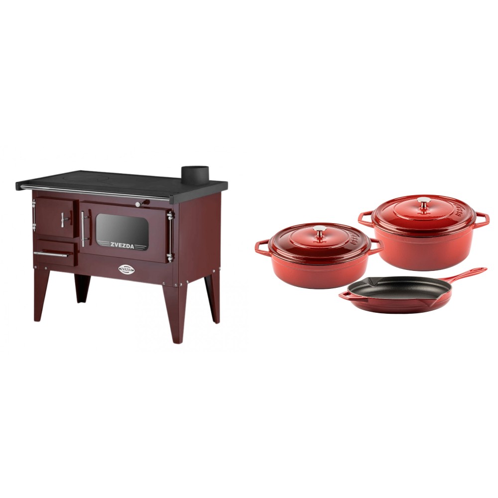 Set Küchenofen / Küchenhexe mit Backofen und Kochplatte Zvezda, Modell Narodna E Braun, Beine, Leistung 6.1 kW + Gusseisen Topf Set aus 3 teilen Solagio, Rubin | Kaminofen - Holzofen mit Backfach | Kaminofen |