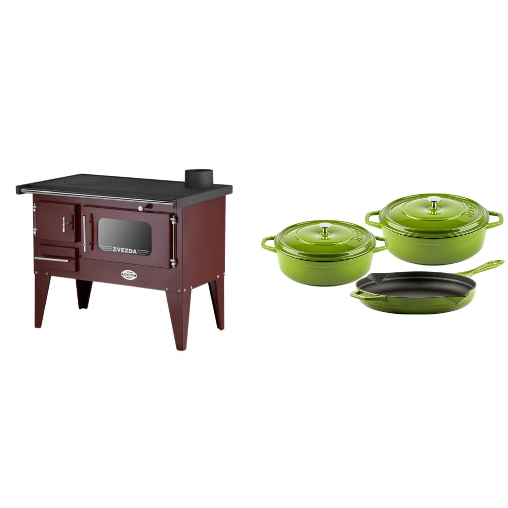 Set Küchenofen / Küchenhexe mit Backofen und Kochplatte Zvezda, Modell Narodna E Braun, Beine, Leistung 6.1 kW + Gusseisen Topf Set aus 3 teilen Solagio, Bamboo | Kaminofen - Holzofen mit Backfach | Kaminofen |