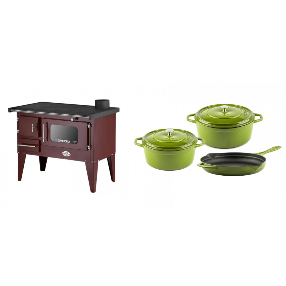 Set Küchenofen / Küchenhexe mit Backofen und Kochplatte Zvezda, Modell Narodna E Braun, Beine, Leistung 6.1 kW + Gusseisen Topf Set aus 3 teilen Solagio, Bamboo