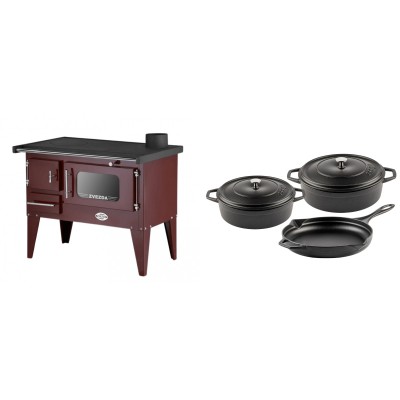 Set Küchenofen / Küchenhexe mit Backofen und Kochplatte Zvezda, Modell Narodna E Braun, Beine, Leistung 6.1 kW + Gusseisen Topf Set aus 3 teilen Solagio, Black Onyx - Kaminofen - Holzofen mit Backfach