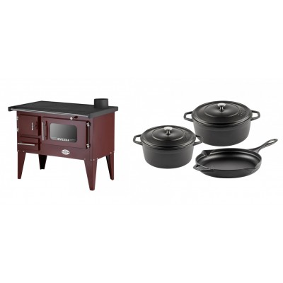 Set Küchenofen / Küchenhexe mit Backofen und Kochplatte Zvezda, Modell Narodna E Braun, Beine, Leistung 6.1 kW + Gusseisen Topf Set aus 3 teilen Solagio, Black Onyx - Kaminofen - Holzofen mit Backfach