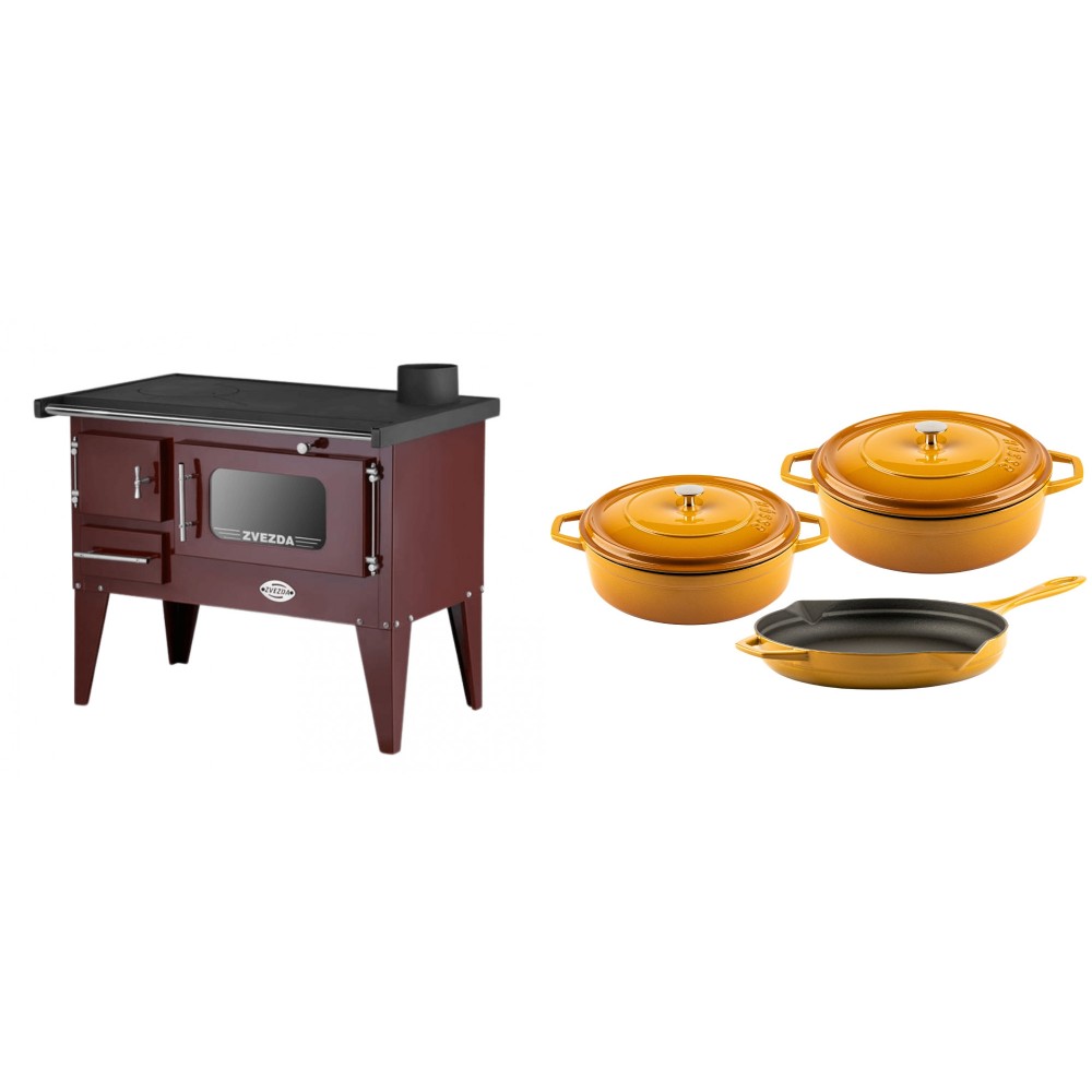 Set Küchenofen / Küchenhexe mit Backofen und Kochplatte Zvezda, Modell Narodna E Braun, Beine, Leistung 6.1 kW + Gusseisen Topf Set aus 3 teilen Solagio, Dijon | Kaminofen - Holzofen mit Backfach | Kaminofen |