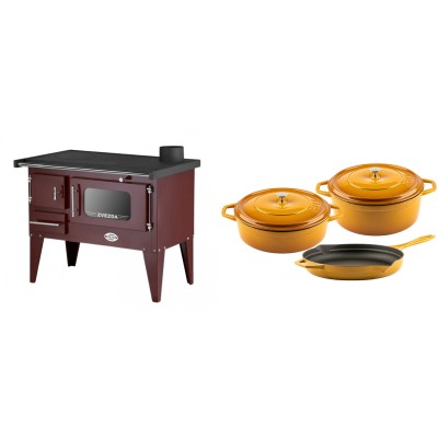 Set Küchenofen / Küchenhexe mit Backofen und Kochplatte Zvezda, Modell Narodna E Braun, Beine, Leistung 6.1 kW + Gusseisen Topf Set aus 3 teilen Solagio, Dijon - Kaminofen - Holzofen mit Backfach