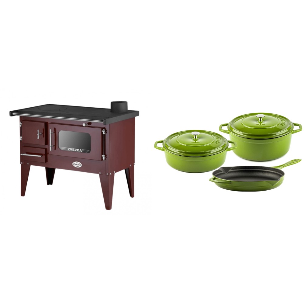 Set Küchenofen / Küchenhexe mit Backofen und Kochplatte Zvezda, Modell Narodna E Braun, Beine, Leistung 6.1 kW + Gusseisen Topf Set aus 3 teilen Solagio, Bamboo