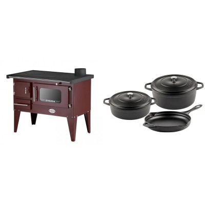 Set Küchenofen / Küchenhexe mit Backofen und Kochplatte Zvezda, Modell Narodna E Braun, Beine, Leistung 6.1 kW + Gusseisen Topf Set aus 3 teilen Solagio, Black Onyx - Kaminofen - Holzofen mit Backfach