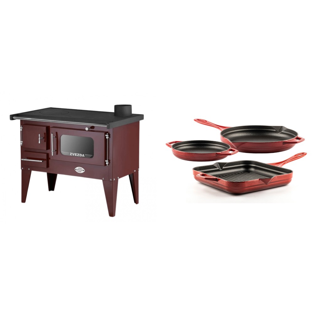 Set Küchenofen / Küchenhexe mit Backofen und Kochplatte Zvezda, Modell Narodna E Braun, Beine, Leistung 6.1 kW + Gusseisen Topf Set aus 3 teilen Solagio, Rubin