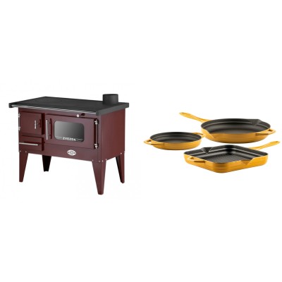 Set Küchenofen / Küchenhexe mit Backofen und Kochplatte Zvezda, Modell Narodna E Braun, Beine, Leistung 6.1 kW + Gusseisen Topf Set aus 3 teilen Solagio, Dijon - Kaminofen - Holzofen mit Backfach