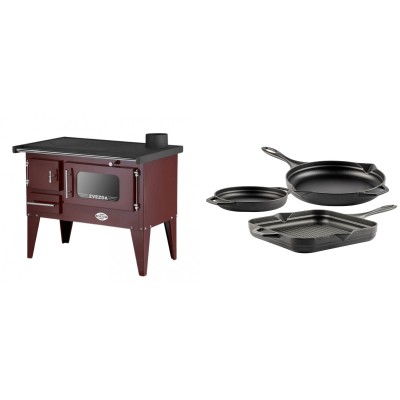 Set Küchenofen / Küchenhexe mit Backofen und Kochplatte Zvezda, Modell Narodna E Braun, Beine, Leistung 6.1 kW + Gusseisen Topf Set aus 3 teilen Solagio, Black Onyx - Kaminofen - Holzofen mit Backfach