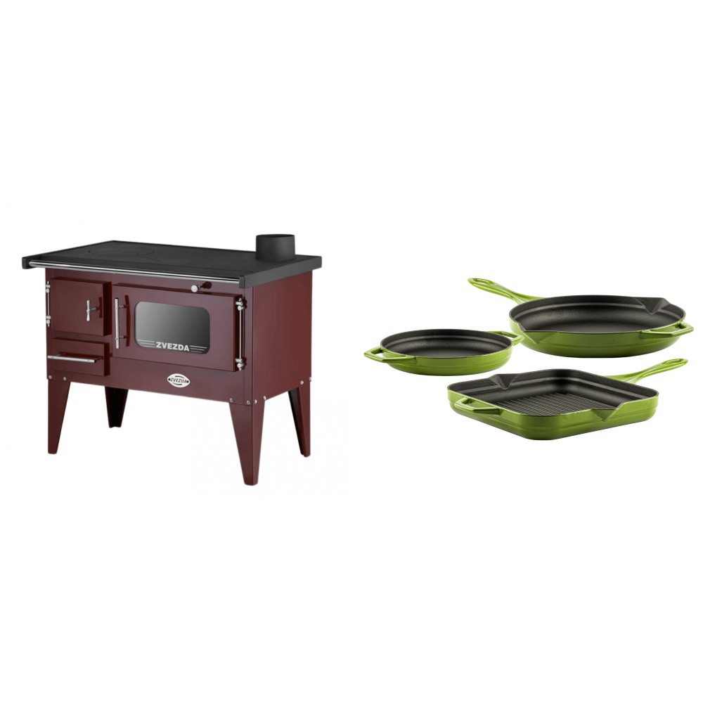 Set Küchenofen / Küchenhexe mit Backofen und Kochplatte Zvezda, Modell Narodna E Braun, Beine, Leistung 6.1 kW + Gusseisen Topf Set aus 3 teilen Solagio, Bamboo | Kaminofen - Holzofen mit Backfach | Kaminofen |