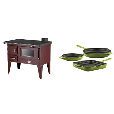 Set Küchenofen / Küchenhexe mit Backofen und Kochplatte Zvezda, Modell Narodna E Braun, Beine, Leistung 6.1 kW + Gusseisen Topf Set aus 3 teilen Solagio, Bamboo - Kaminofen - Holzofen mit Backfach