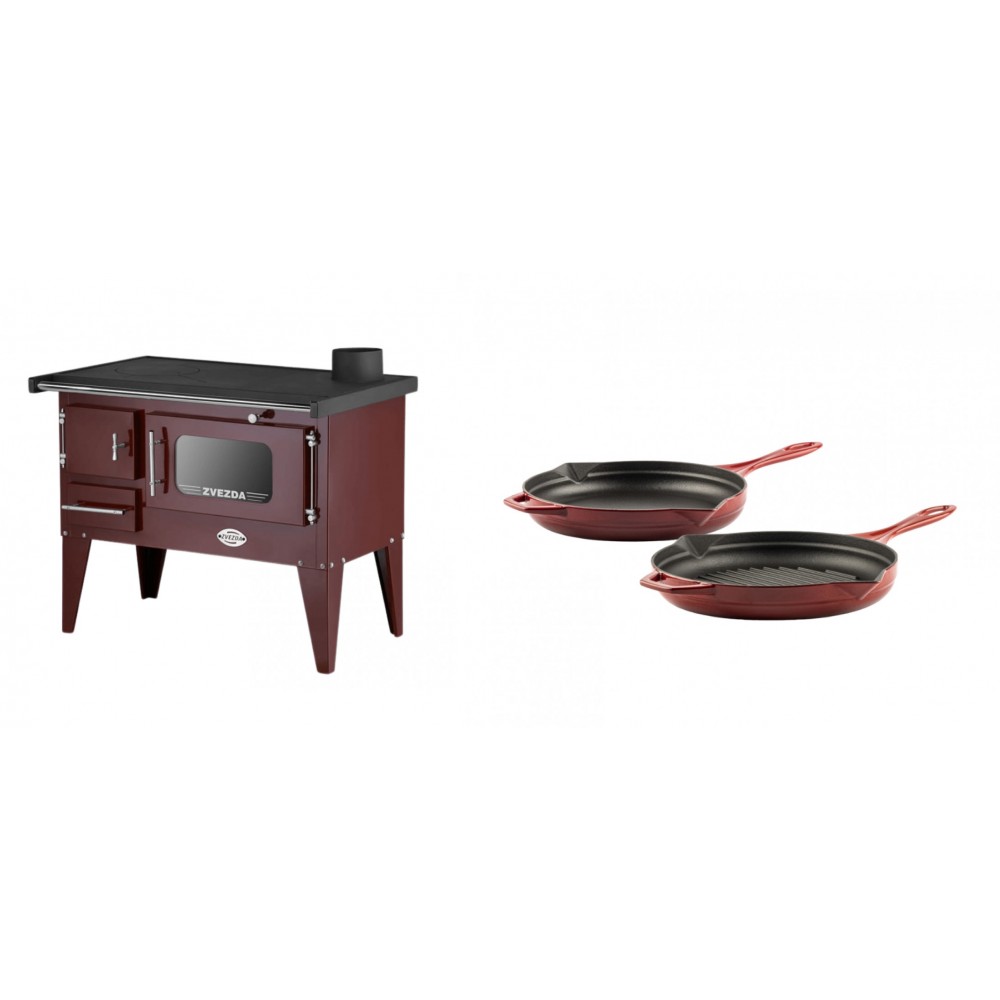 Set Küchenofen / Küchenhexe mit Backofen und Kochplatte Zvezda, Modell Narodna E Braun, Beine, Leistung 6.1 kW + Gusseisen Topf Set aus 2 teilen Solagio, Rubin | Kaminofen - Holzofen mit Backfach | Kaminofen |