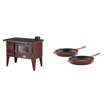 Set Küchenofen / Küchenhexe mit Backofen und Kochplatte Zvezda, Modell Narodna E Braun, Beine, Leistung 6.1 kW + Gusseisen Topf Set aus 2 teilen Solagio, Rubin - Kaminofen - Holzofen mit Backfach