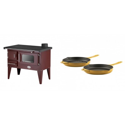 Set Küchenofen / Küchenhexe mit Backofen und Kochplatte Zvezda, Modell Narodna E Braun, Beine, Leistung 6.1 kW + Gusseisen Topf Set aus 2 teilen Solagio, Dijon - Kaminofen - Holzofen mit Backfach