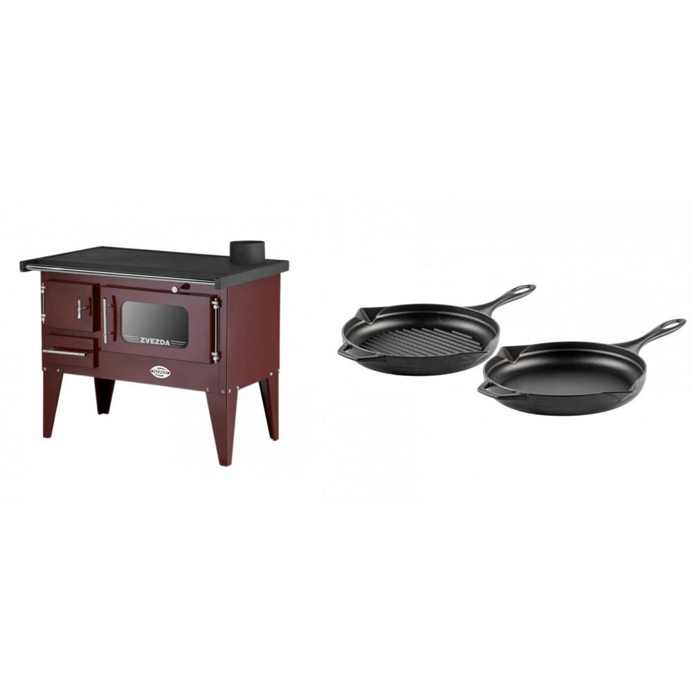 Set Küchenofen / Küchenhexe mit Backofen und Kochplatte Zvezda, Modell Narodna E Braun, Beine, Leistung 6.1 kW + Gusseisen Topf Set aus 2 teilen Solagio, Black Onyx | Kaminofen - Holzofen mit Backfach | Kaminofen |