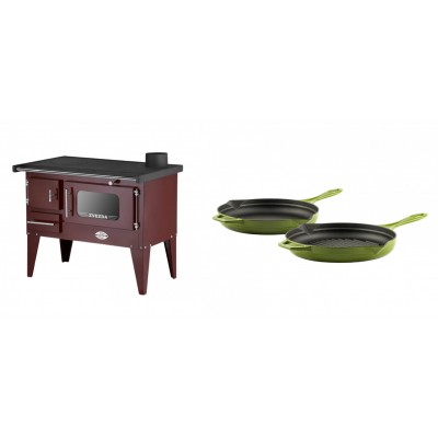 Set Küchenofen / Küchenhexe mit Backofen und Kochplatte Zvezda, Modell Narodna E Braun, Beine, Leistung 6.1 kW + Gusseisen Topf Set aus 2 teilen Solagio, Bamboo - Kaminofen - Holzofen mit Backfach