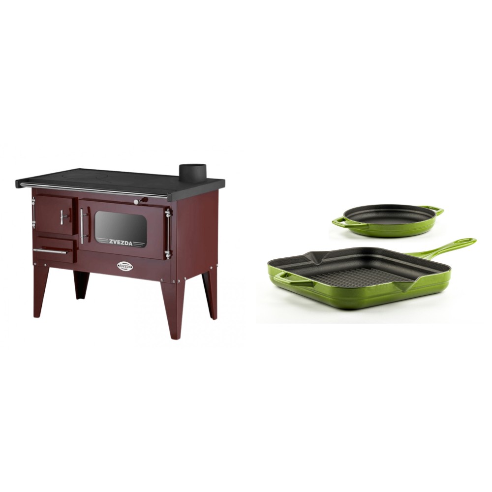 Set Küchenofen / Küchenhexe mit Backofen und Kochplatte Zvezda, Modell Narodna E Braun, Beine, Leistung 6.1 kW + Gusseisen Topf Set aus 2 teilen Solagio, Bamboo