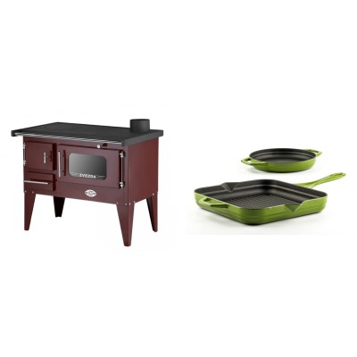 Set Küchenofen / Küchenhexe mit Backofen und Kochplatte Zvezda, Modell Narodna E Braun, Beine, Leistung 6.1 kW + Gusseisen Topf Set aus 2 teilen Solagio, Bamboo - Kaminofen - Holzofen mit Backfach