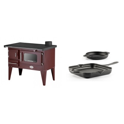 Set Küchenofen / Küchenhexe mit Backofen und Kochplatte Zvezda, Modell Narodna E Braun, Beine, Leistung 6.1 kW + Gusseisen Topf Set aus 2 teilen Solagio, Black Onyx - Kaminofen - Holzofen mit Backfach