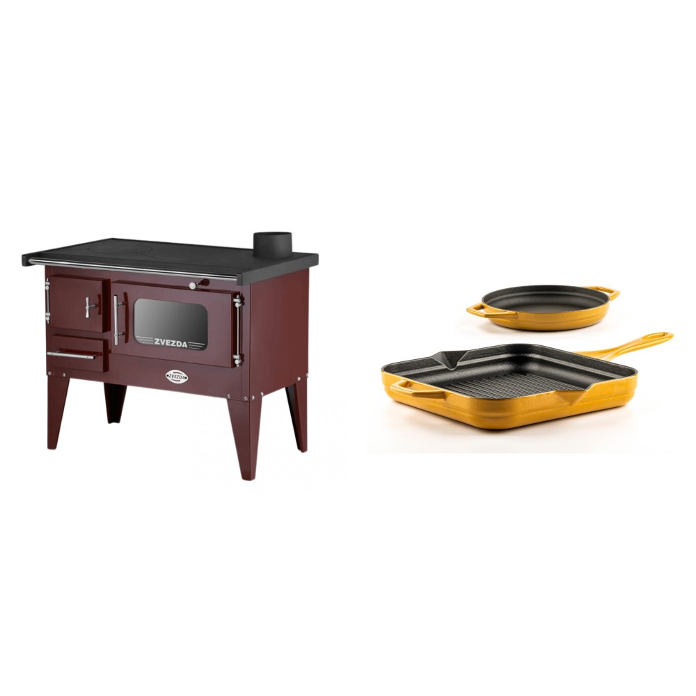 Set Küchenofen / Küchenhexe mit Backofen und Kochplatte Zvezda, Modell Narodna E Braun, Beine, Leistung 6.1 kW + Gusseisen Topf Set aus 2 teilen Solagio, Dijon | Kaminofen - Holzofen mit Backfach | Kaminofen |