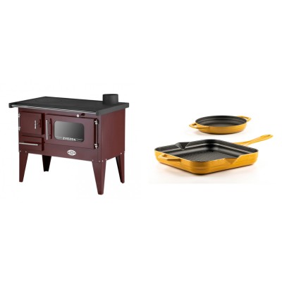 Set Küchenofen / Küchenhexe mit Backofen und Kochplatte Zvezda, Modell Narodna E Braun, Beine, Leistung 6.1 kW + Gusseisen Topf Set aus 2 teilen Solagio, Dijon - Kaminofen - Holzofen mit Backfach