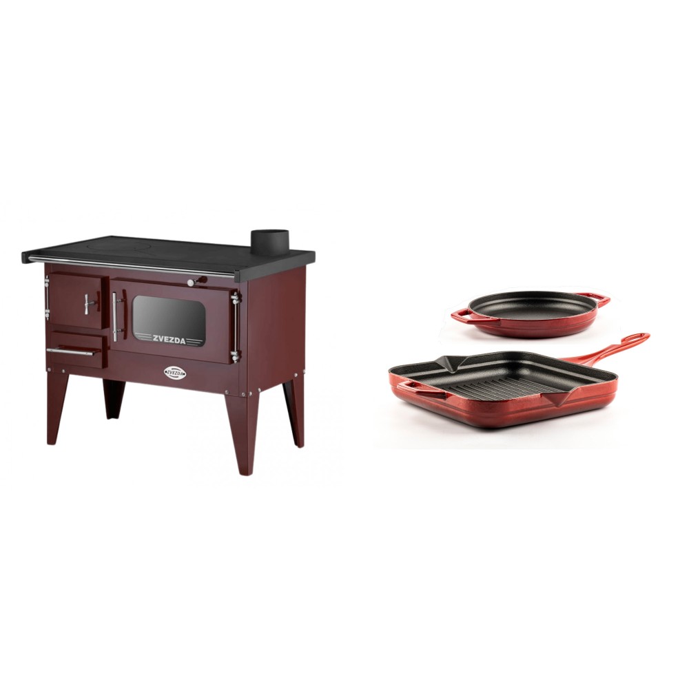 Set Küchenofen / Küchenhexe mit Backofen und Kochplatte Zvezda, Modell Narodna E Braun, Beine, Leistung 6.1 kW + Gusseisen Topf Set aus 2 teilen Solagio, Rubin | Kaminofen - Holzofen mit Backfach | Kaminofen |