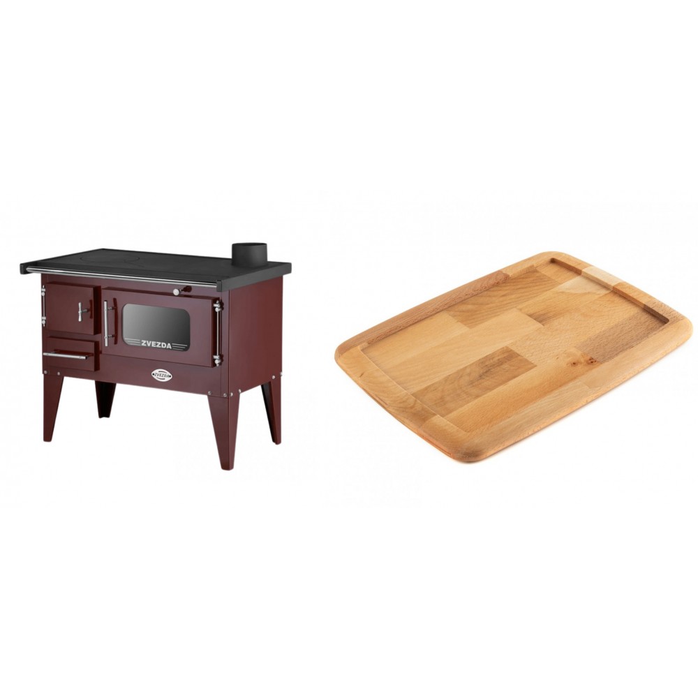 Set Küchenofen / Küchenhexe mit Backofen und Kochplatte Zvezda, Modell Narodna E Braun, Beine, Leistung 6.1 kW + Holz untersetzer für gusseisenplatte Solagio HSST2131
