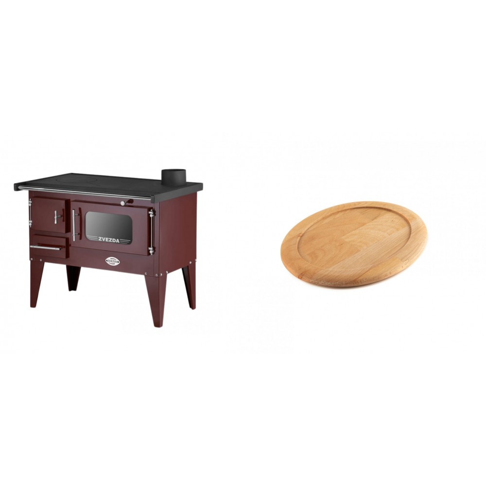 Set Küchenofen / Küchenhexe mit Backofen und Kochplatte Zvezda, Modell Narodna E Braun, Beine, Leistung 6.1 kW + Holz untersetzer für ovale gusseisenpfanne Solagio HSFT1825 | Kaminofen - Holzofen mit Backfach | Kaminofen |