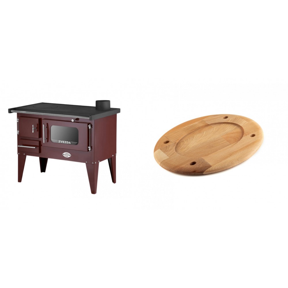 Set Küchenofen / Küchenhexe mit Backofen und Kochplatte Zvezda, Modell Narodna E Braun, Beine, Leistung 6.1 kW + Holz untersetzer für ovale platte Solagio HSOISK2533, 25x33cm | Kaminofen - Holzofen mit Backfach | Kaminofen |