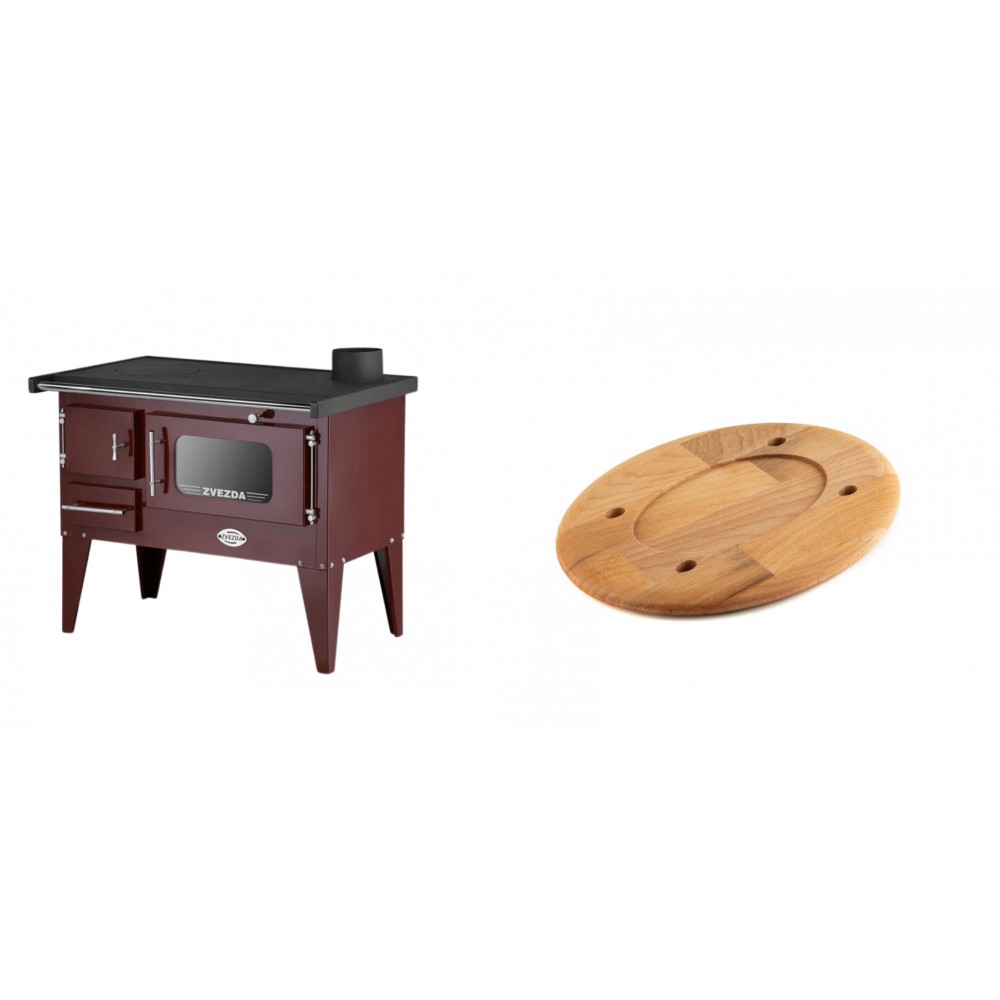 Set Küchenofen / Küchenhexe mit Backofen und Kochplatte Zvezda, Modell Narodna E Braun, Beine, Leistung 6.1 kW + Holz untersetzer für ovale platte Solagio HSOISK1728, 17x28cm | Kaminofen - Holzofen mit Backfach | Kaminofen |
