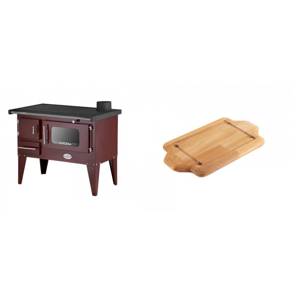 Set Küchenofen / Küchenhexe mit Backofen und Kochplatte Zvezda, Modell Narodna E Braun, Beine, Leistung 6.1 kW + Holz untersetzer für mini-gusseisenplatte Solagio HSDDHP1522