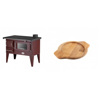 Set Küchenofen / Küchenhexe mit Backofen und Kochplatte Zvezda, Modell Narodna E Braun, Beine, Leistung 6.1 kW + Holz untersetzer für gusseisenschüssel Solagio HSYKTV22 - Kaminofen - Holzofen mit Backfach