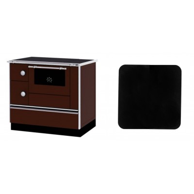 Set Küchenofen / Küchenhexe mit Backofen und Kochplatte Alfa Plam, Modell Alfa 90 H Favorit Braun Rechts, Leistung 6.4kW + Funkenschutzplatte Stahl 2mm, Größe 98x98cm - Kaminofen - Holzofen mit Backfach