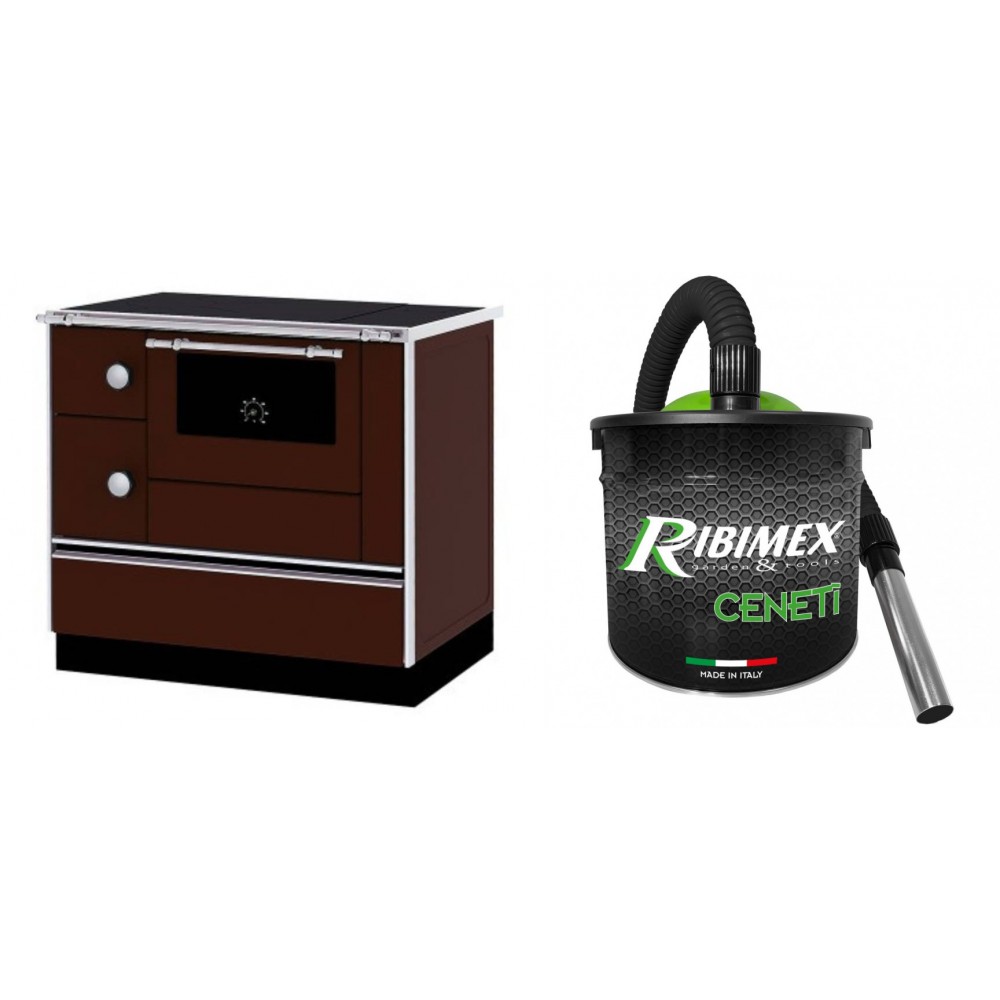Set Küchenofen / Küchenhexe mit Backofen und Kochplatte Alfa Plam, Modell Alfa 90 H Favorit Braun Rechts, Leistung 6.4kW + Elektrischer Aschesauger Ribimex, Modell Cenetì, Fassungsvermögen 15 L | Kaminofen - Holzofen mit Backfach | Kaminofen |