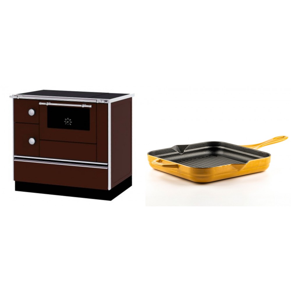 Set Küchenofen / Küchenhexe mit Backofen und Kochplatte Alfa Plam, Modell Alfa 90 H Favorit Braun Rechts, Leistung 6.4kW + Emaillierte grillpfanne Gusseisen Solagio, Dijon, 28х28cm