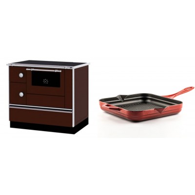Set Küchenofen / Küchenhexe mit Backofen und Kochplatte Alfa Plam, Modell Alfa 90 H Favorit Braun Rechts, Leistung 6.4kW + Emaillierte grillpfanne Gusseisen Solagio, Rubin, 28x28cm - Kaminofen - Holzofen mit Backfach