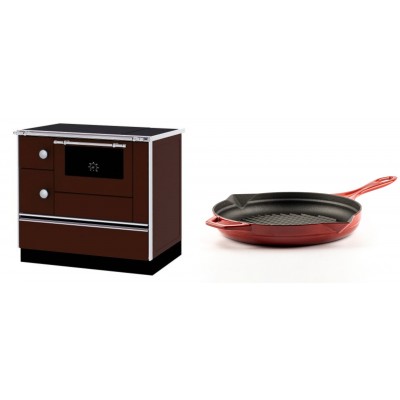 Set Küchenofen / Küchenhexe mit Backofen und Kochplatte Alfa Plam, Modell Alfa 90 H Favorit Braun Rechts, Leistung 6.4kW + Emaillierte grillpfanne Gusseisen Solagio, Rubin, Ф28cm - Kaminofen - Holzofen mit Backfach