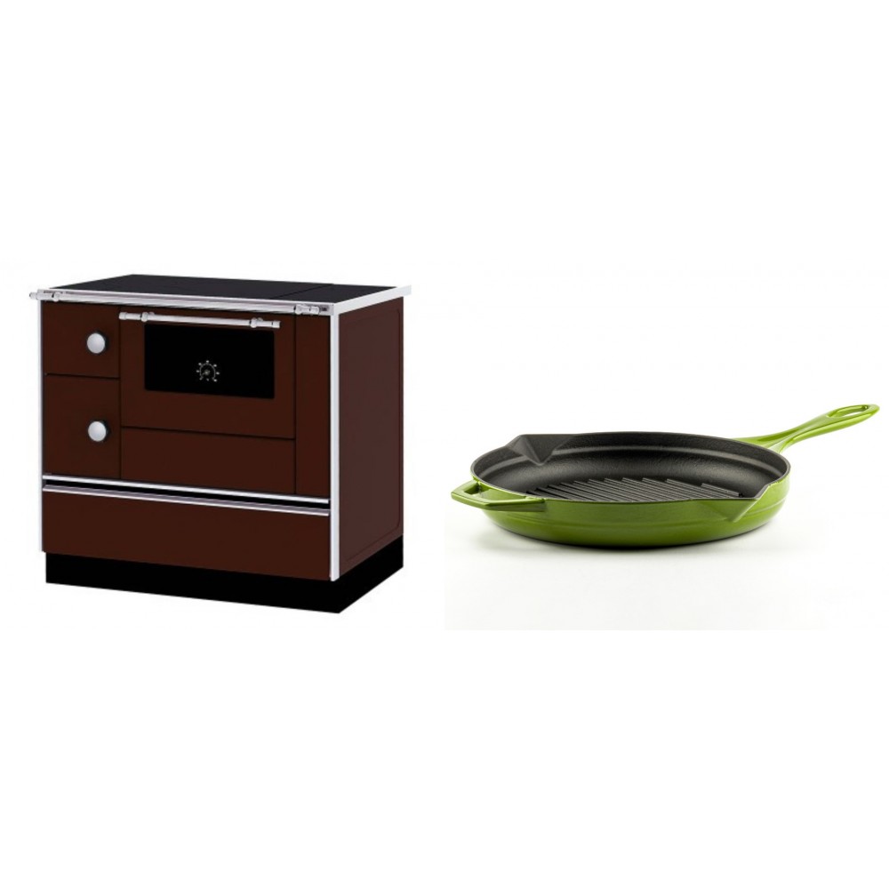 Set Küchenofen / Küchenhexe mit Backofen und Kochplatte Alfa Plam, Modell Alfa 90 H Favorit Braun Rechts, Leistung 6.4kW + Emaillierte grillpfanne Gusseisen Solagio, Bamboo, Ф28cm