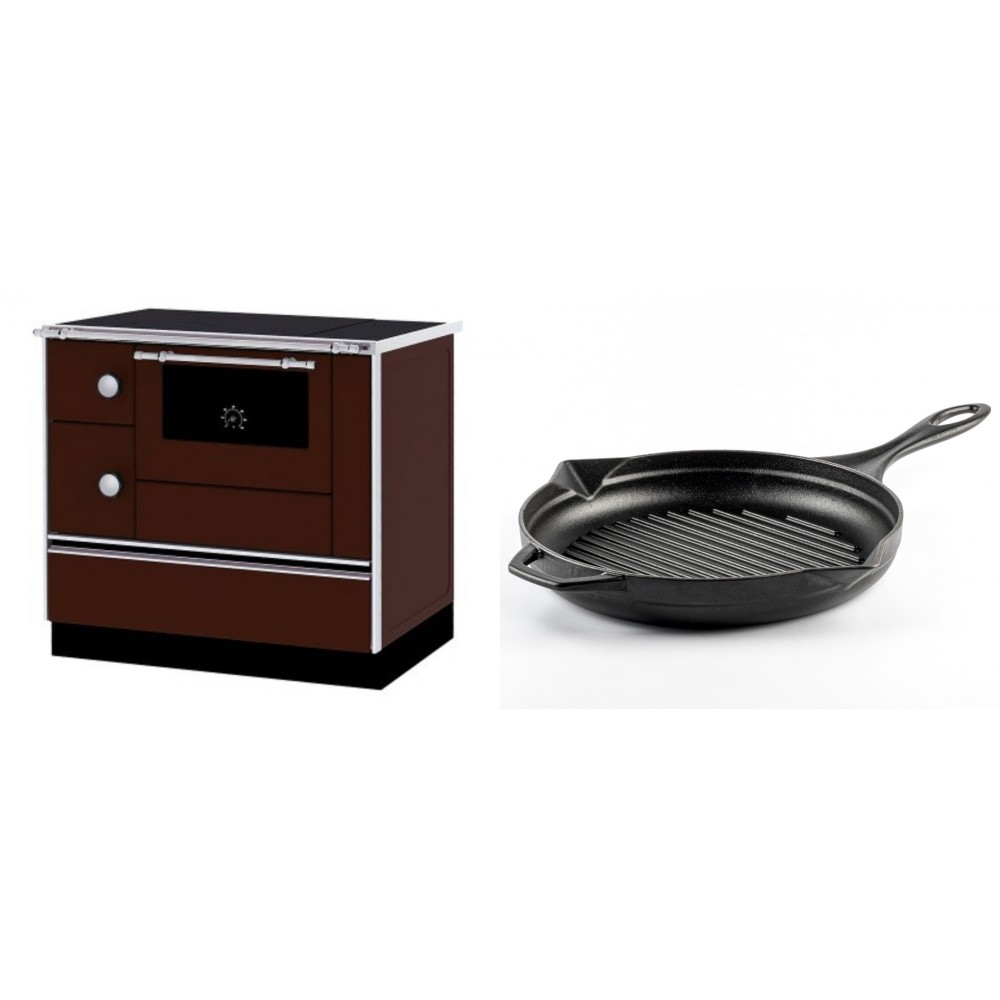 Set Küchenofen / Küchenhexe mit Backofen und Kochplatte Alfa Plam, Modell Alfa 90 H Favorit Braun Rechts, Leistung 6.4kW + Emaillierte grillpfanne Gusseisen Solagio, Black Onyx, Ф28cm | Kaminofen - Holzofen mit Backfach | Kaminofen |