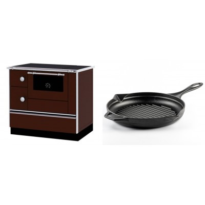 Set Küchenofen / Küchenhexe mit Backofen und Kochplatte Alfa Plam, Modell Alfa 90 H Favorit Braun Rechts, Leistung 6.4kW + Emaillierte grillpfanne Gusseisen Solagio, Black Onyx, Ф28cm - Kaminofen - Holzofen mit Backfach
