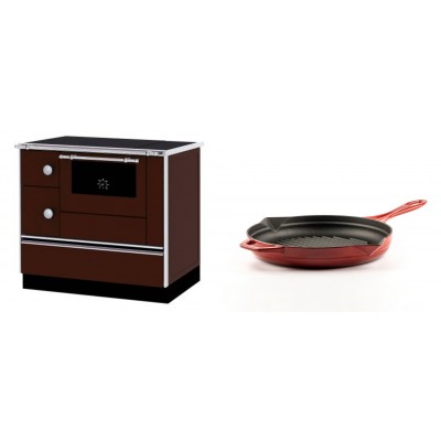 Set Küchenofen / Küchenhexe mit Backofen und Kochplatte Alfa Plam, Modell Alfa 90 H Favorit Braun Rechts, Leistung 6.4kW + Emaillierte grillpfanne Gusseisen Solagio, Rubin, Ф24cm - Kaminofen - Holzofen mit Backfach