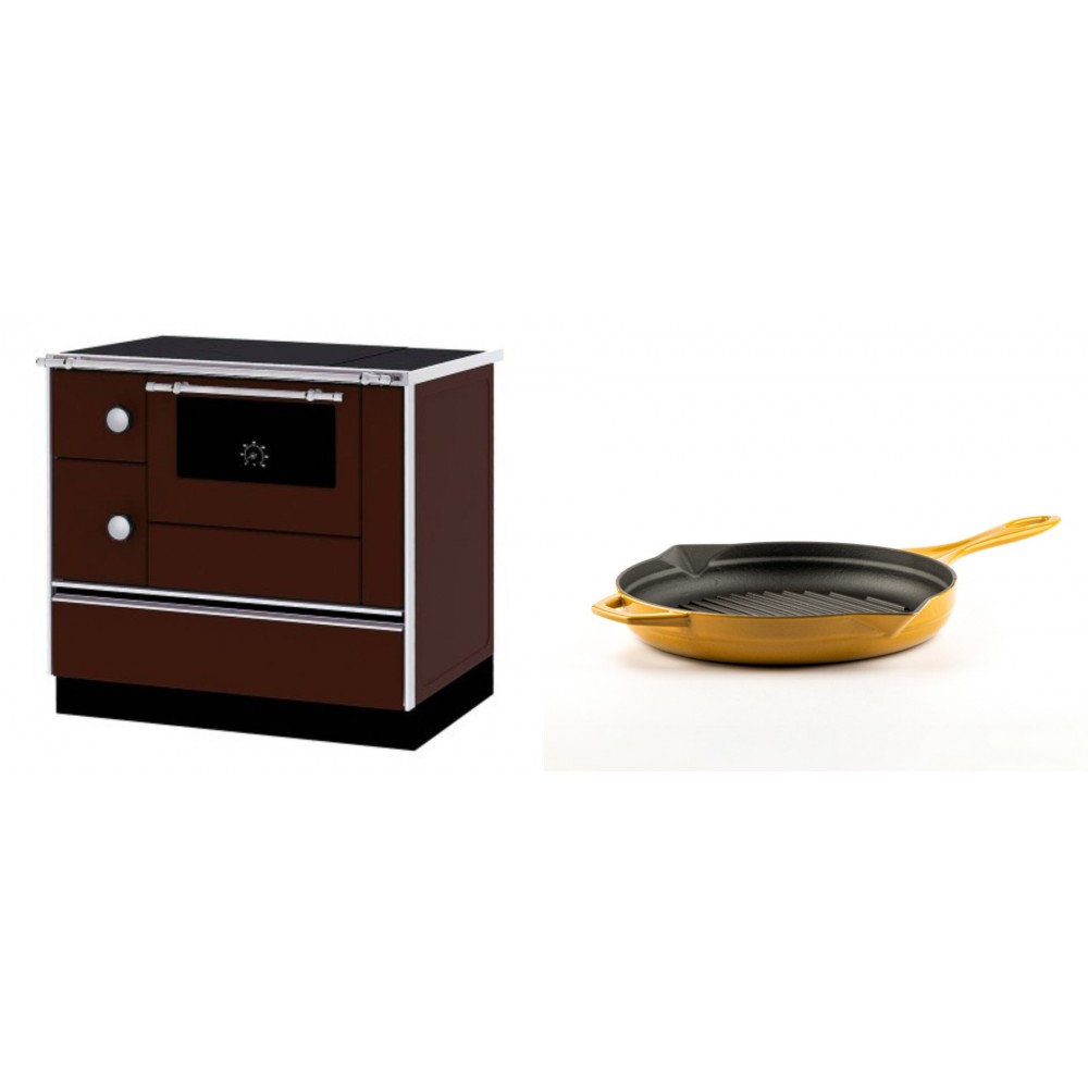 Set Küchenofen / Küchenhexe mit Backofen und Kochplatte Alfa Plam, Modell Alfa 90 H Favorit Braun Rechts, Leistung 6.4kW + Emaillierte grillpfanne Gusseisen Solagio, Dijon, Ф24cm | Kaminofen - Holzofen mit Backfach | Kaminofen |