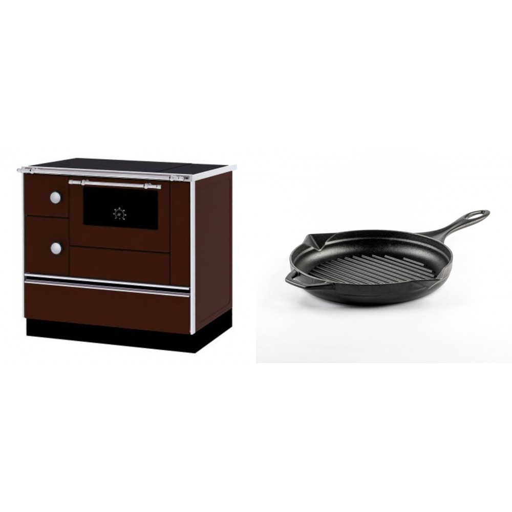 Set Küchenofen / Küchenhexe mit Backofen und Kochplatte Alfa Plam, Modell Alfa 90 H Favorit Braun Rechts, Leistung 6.4kW + Emaillierte grillpfanne Gusseisen Solagio, Black Onyx, Ф24cm